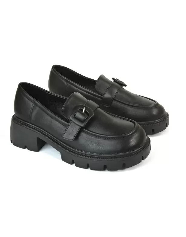 Adelaide School Shoes Buckle Chunky Platform Block Heel Loafers in Black Patent