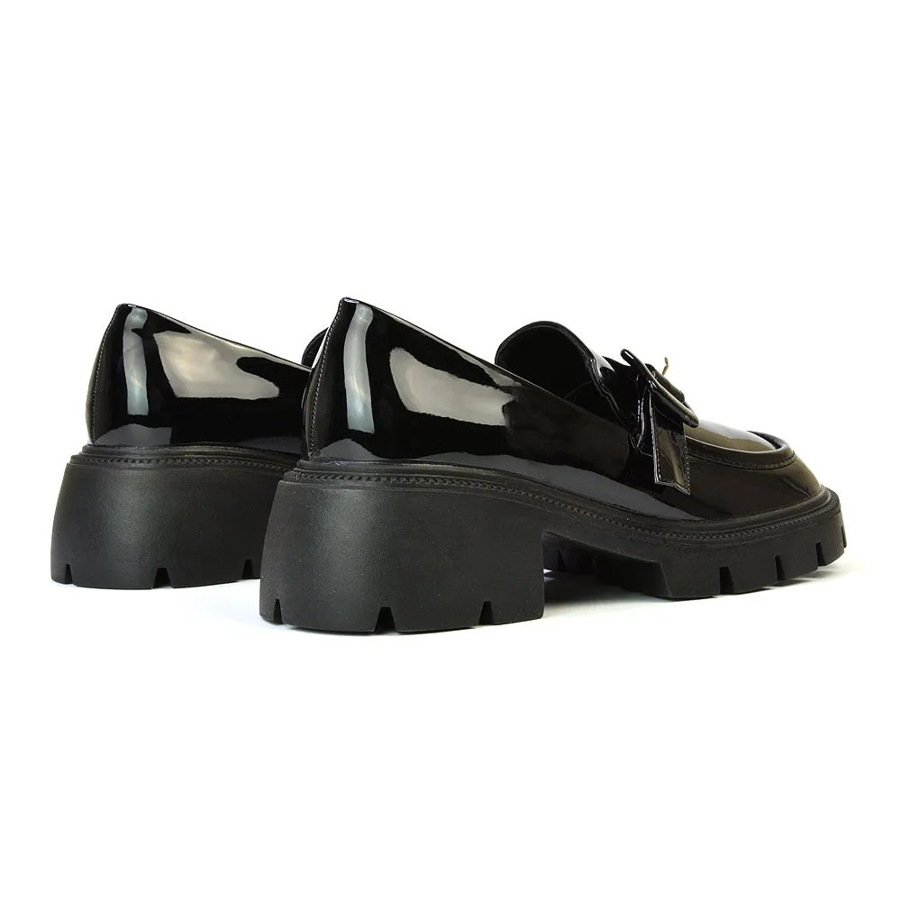 Adelaide School Shoes Buckle Chunky Platform Block Heel Loafers in Black Patent