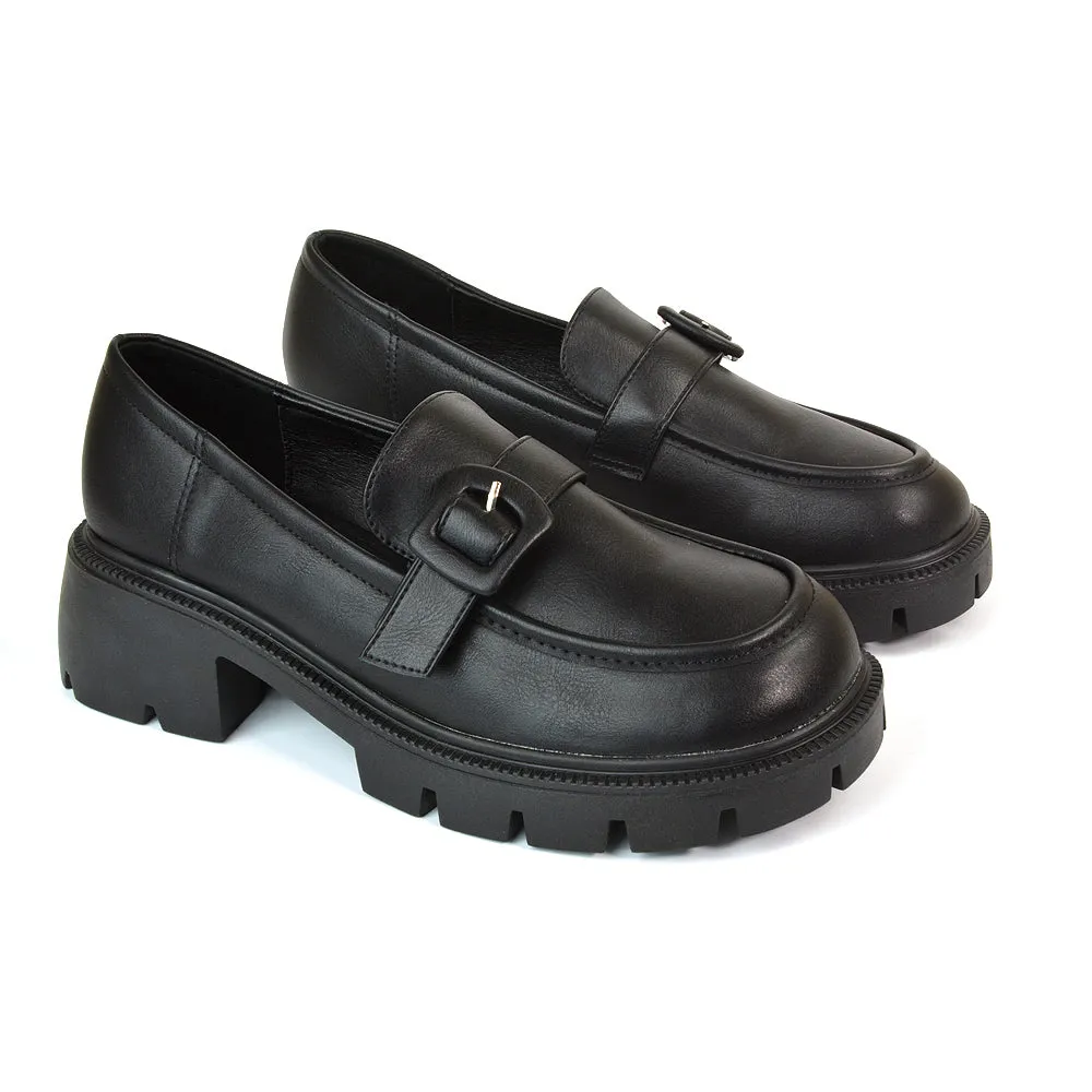 Adelaide School Shoes Buckle Chunky Platform Block Heel Loafers in Black Patent