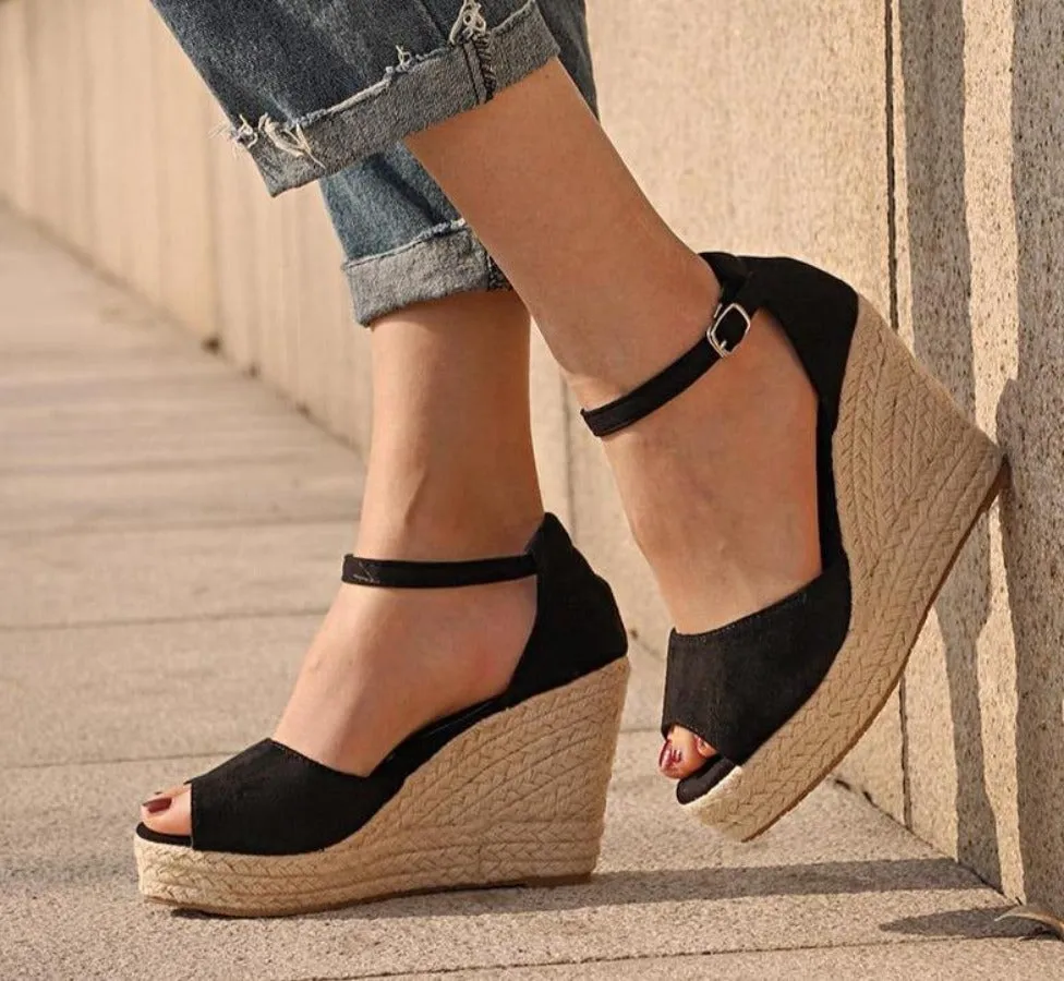 Ankle Strap Straw Platform Flock High Heels Sandals