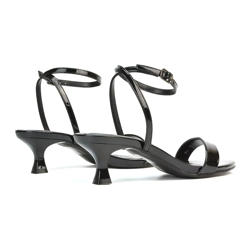 Antonia Strappy Party Kitten Low Heel Sandals in Black Patent