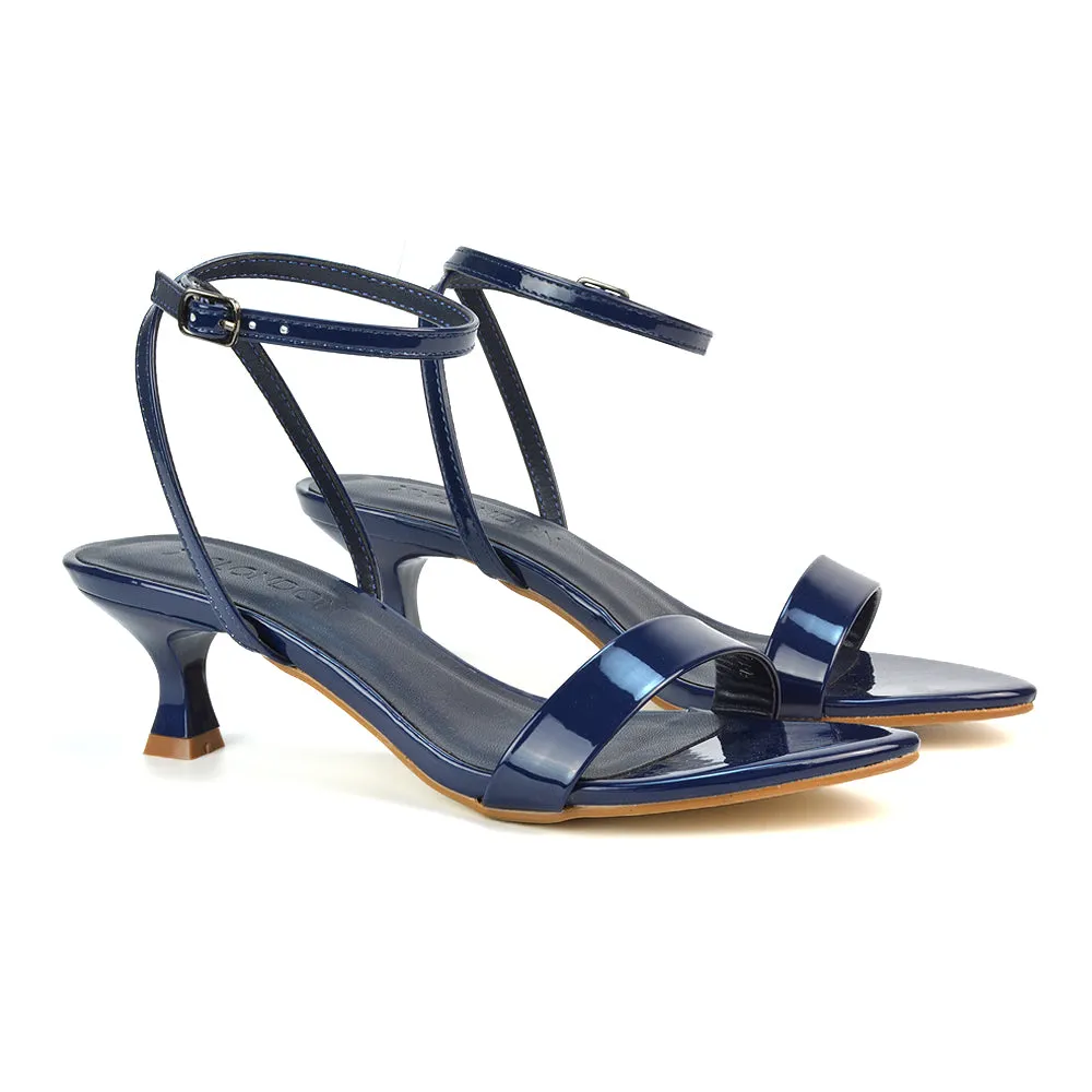 Antonia Strappy Party Kitten Low Heel Sandals in Black Patent