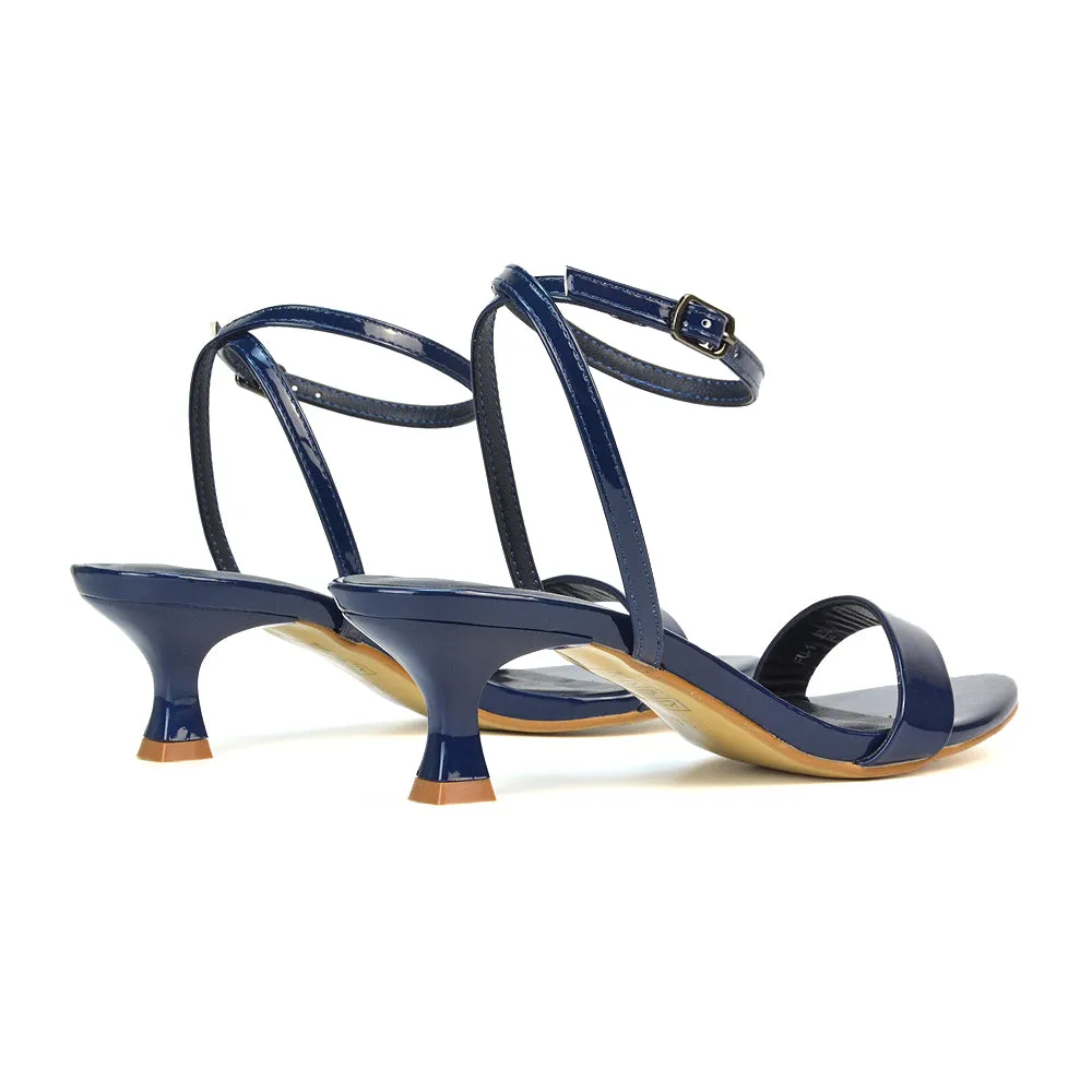 Antonia Strappy Party Kitten Low Heel Sandals in Black Patent