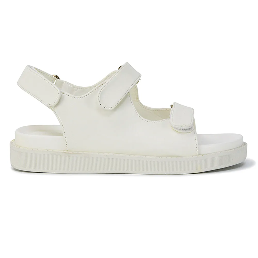 Asher Double Strap Flat Platform Heel Dad Sandals in White Synthetic Leather