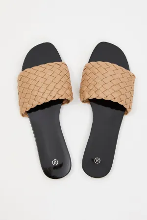 Beige Woven Flat Slides