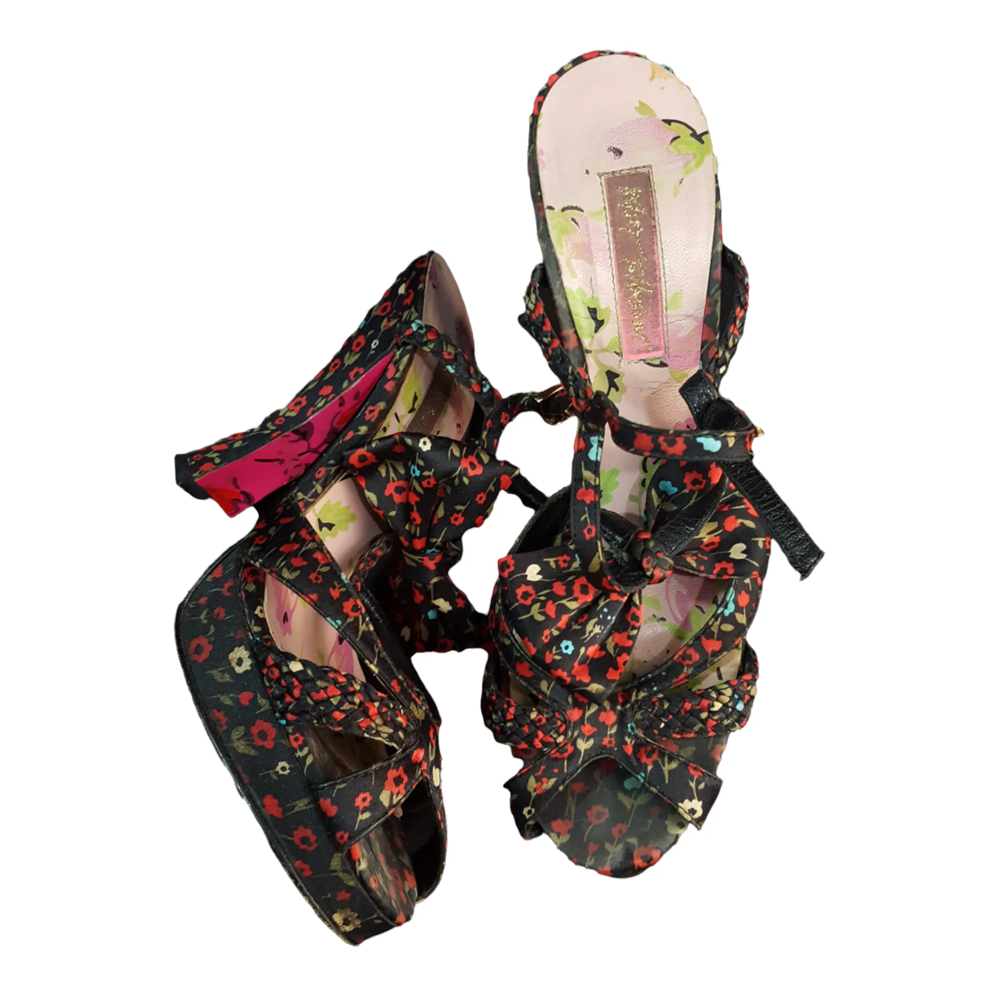 Betsy Johnson Satin  Floral Print Open Toe Heels sz. 7.5