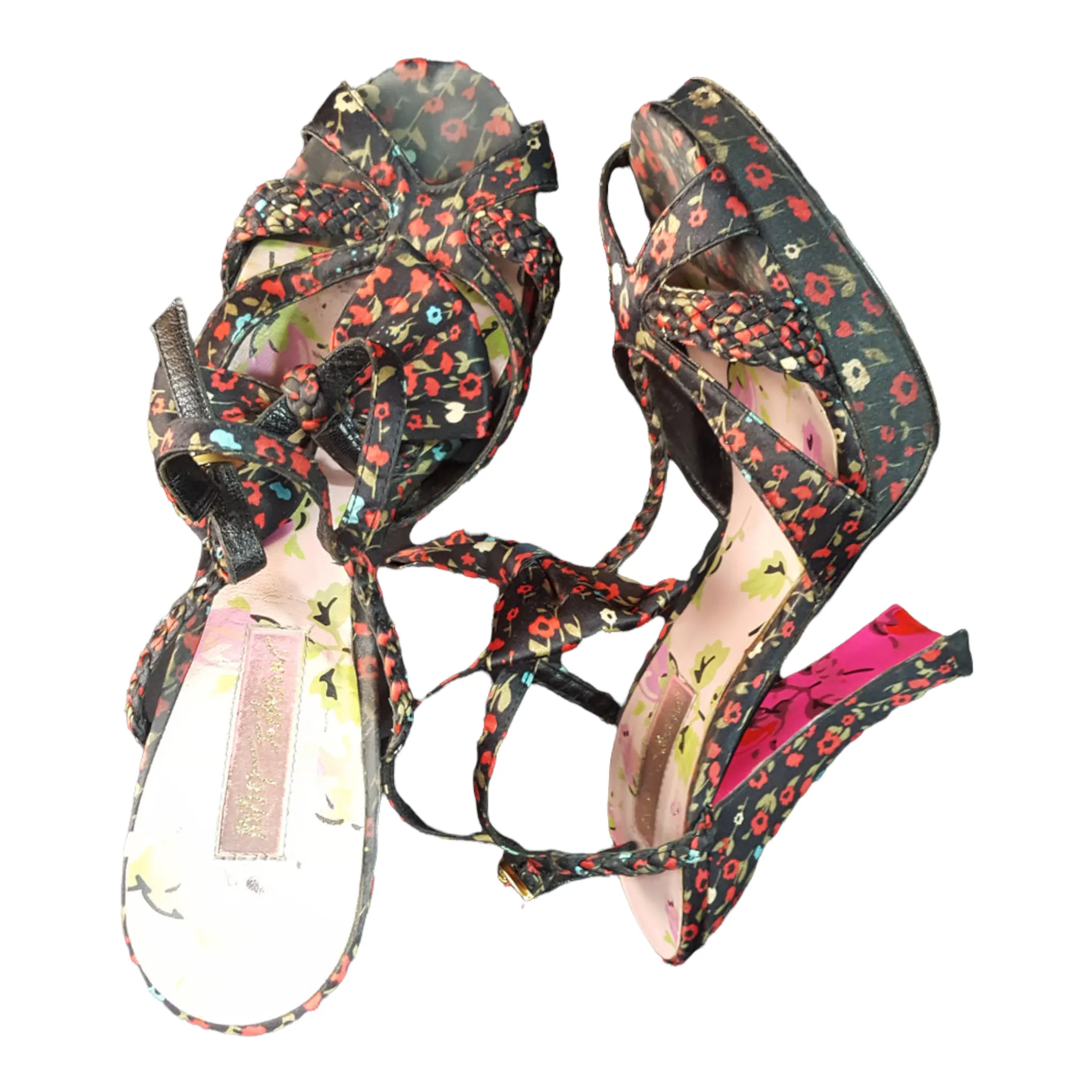 Betsy Johnson Satin  Floral Print Open Toe Heels sz. 7.5