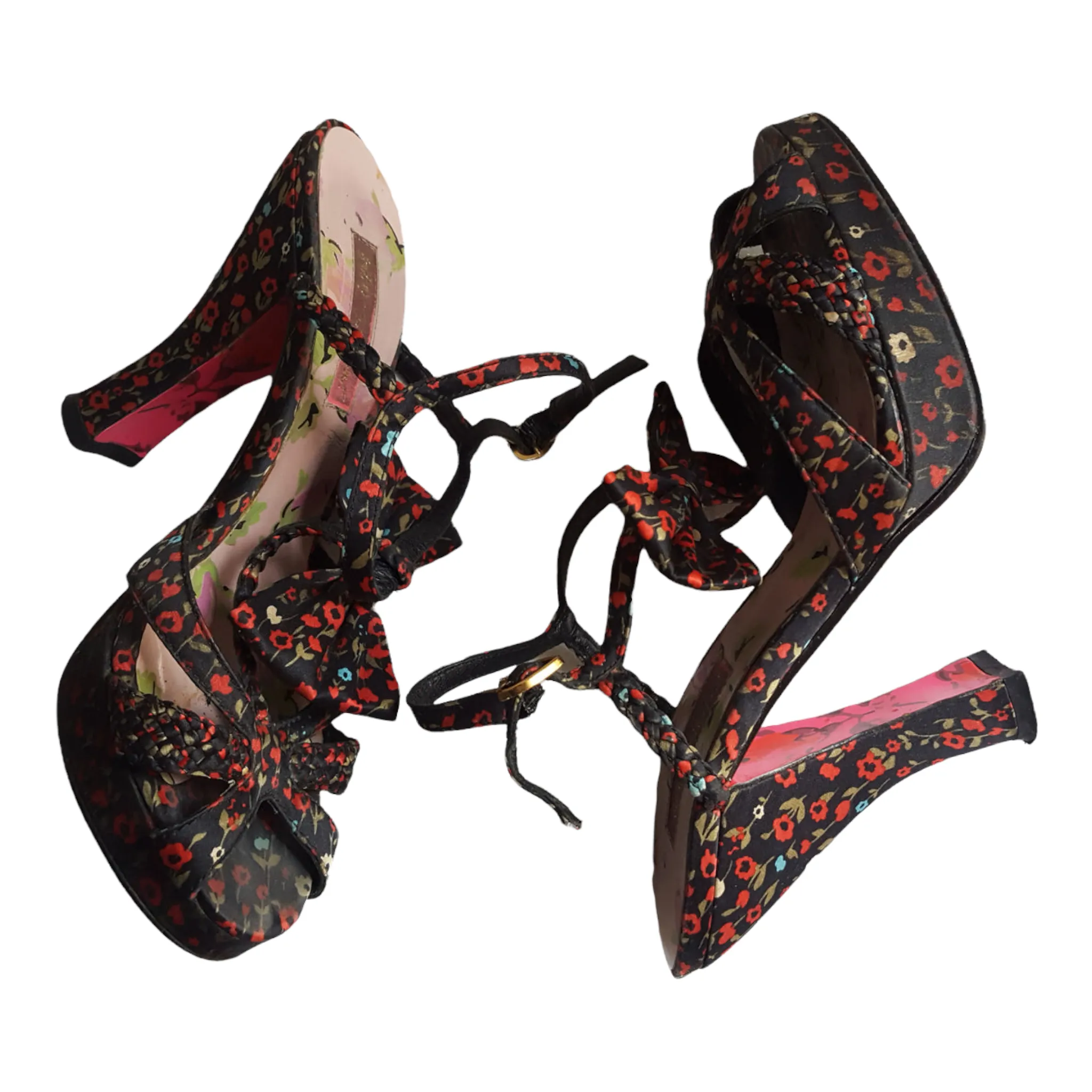 Betsy Johnson Satin  Floral Print Open Toe Heels sz. 7.5