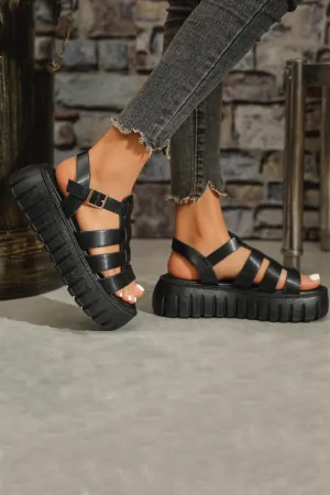 BLACK CHUNKY PLATFORM CAGE LOOK STRAPPY SUMMER SANDAL