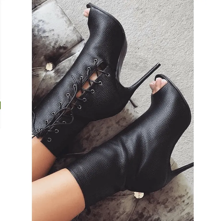 Black Peep Toe Lace Up High Heel Calf Sandal Boots