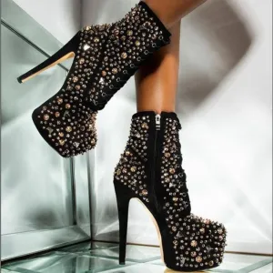 Black Rhinestone Rivet Platform Zipper Strap Calf Boots