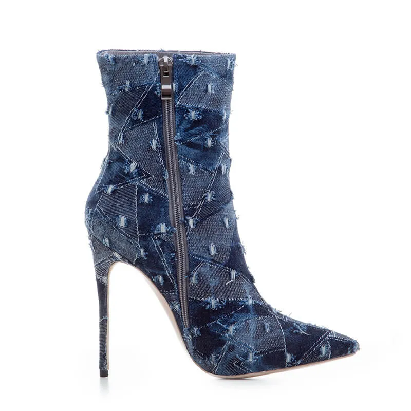 Blue Denim Ripped Pointed Toe High Heel Calf Boots