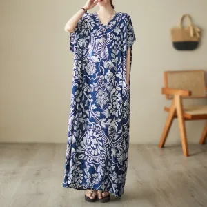 Bohemian Style V-neck Printed Cotton Maxi Dress