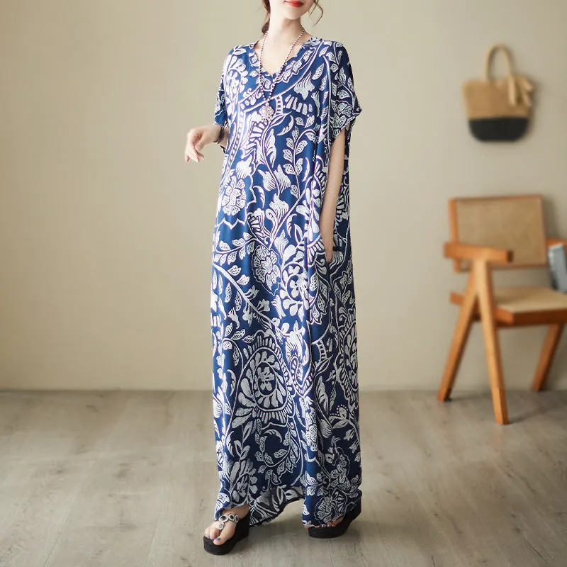 Bohemian Style V-neck Printed Cotton Maxi Dress