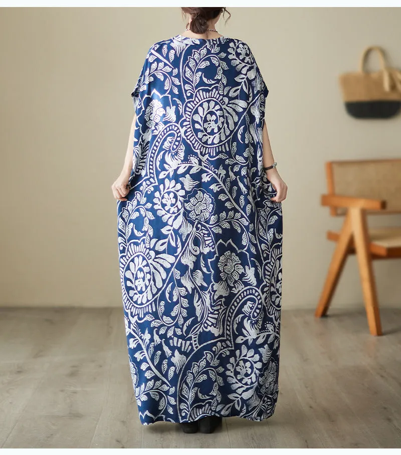 Bohemian Style V-neck Printed Cotton Maxi Dress