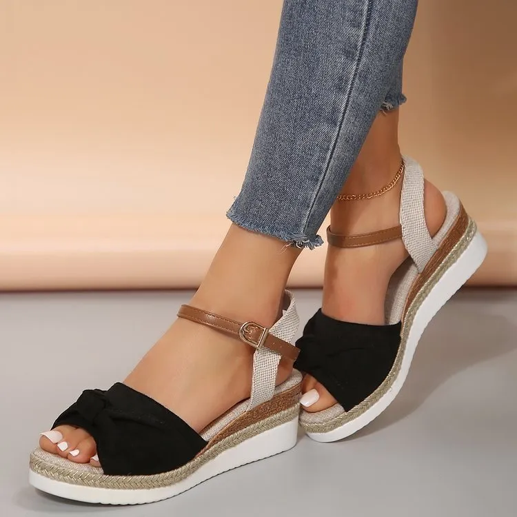 Bow Linen Buckle Wedges Summer Sandals