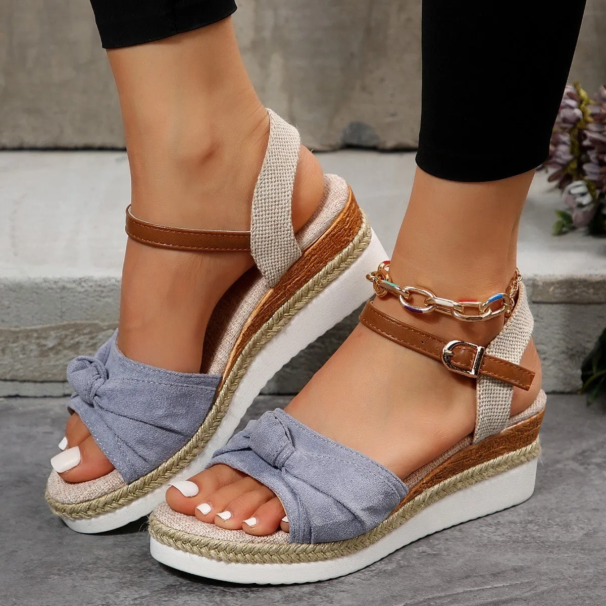 Bow Linen Buckle Wedges Summer Sandals