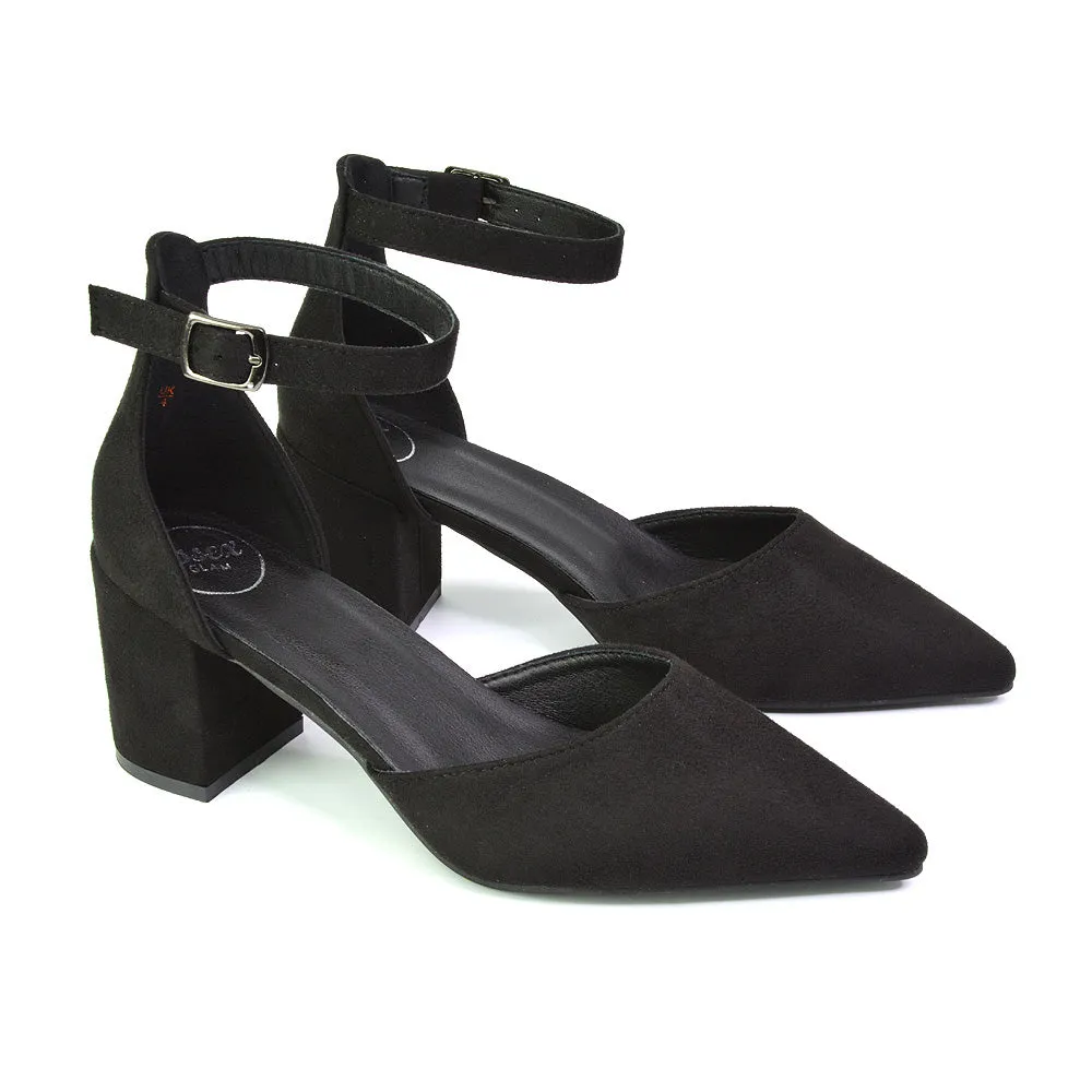 Bronte Pointed Toe Strappy Mid Block Heel Sandal Court Shoes in Black