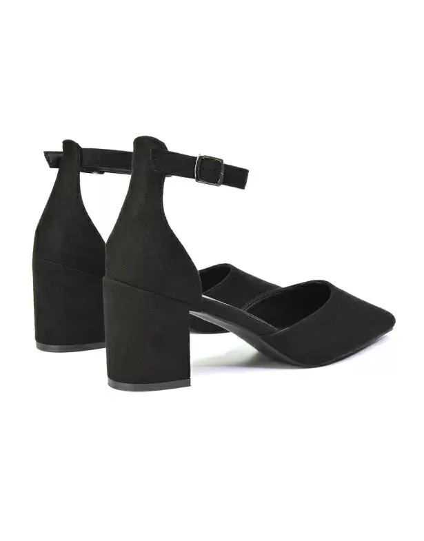 Bronte Pointed Toe Strappy Mid Block Heel Sandal Court Shoes in Black