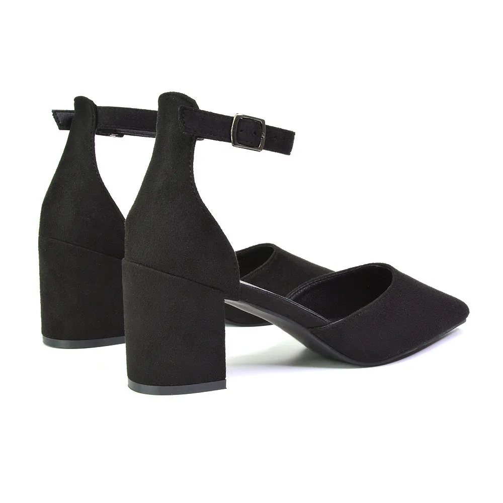 Bronte Pointed Toe Strappy Mid Block Heel Sandal Court Shoes in Black