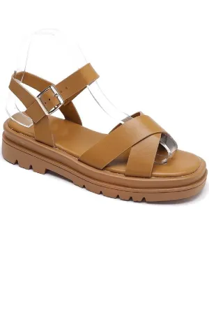 CAMEL CHUNKY FLAT PLATFORM ANKLE STRAP SUMMER SANDALS