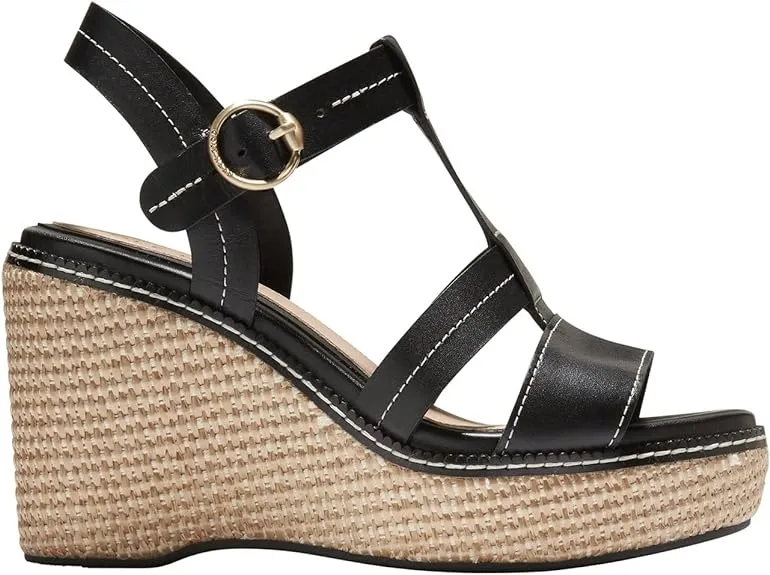 Cole Haan Cloudfeel All Day Wedge Black Leather Ankle Strap Heeled Sandals