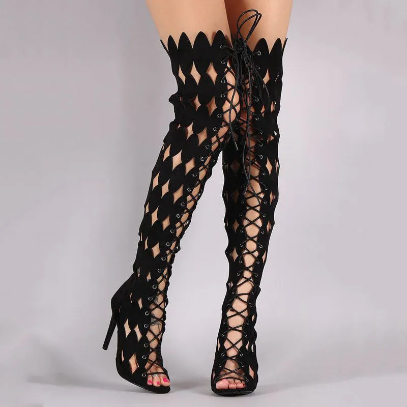 Cutout Strap Peep Toe Knee High Boots