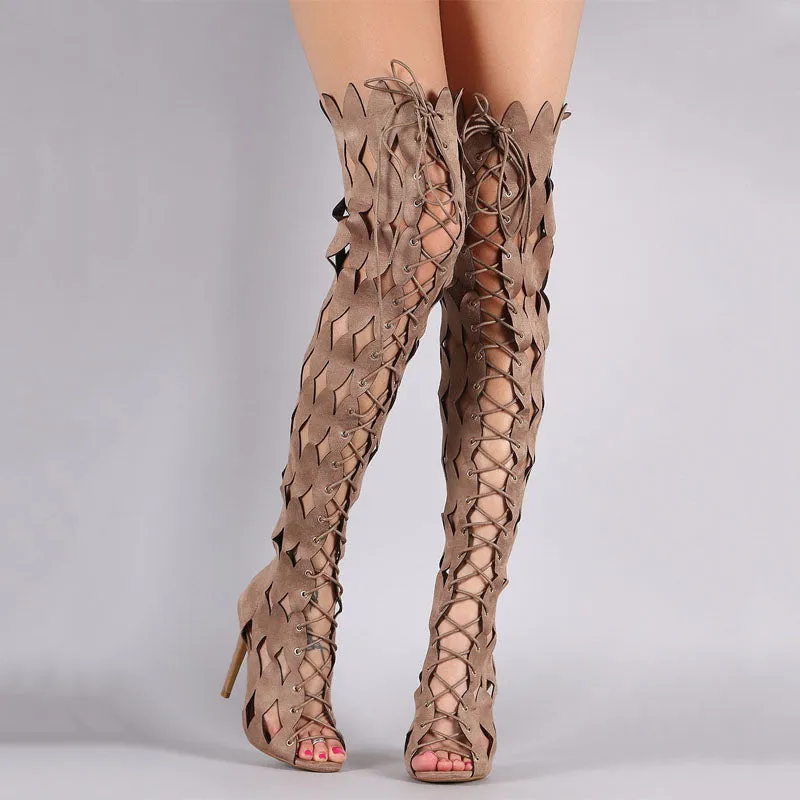 Cutout Strap Peep Toe Knee High Boots