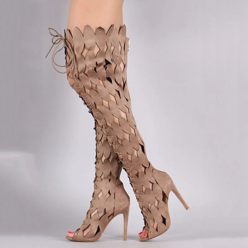 Cutout Strap Peep Toe Knee High Boots