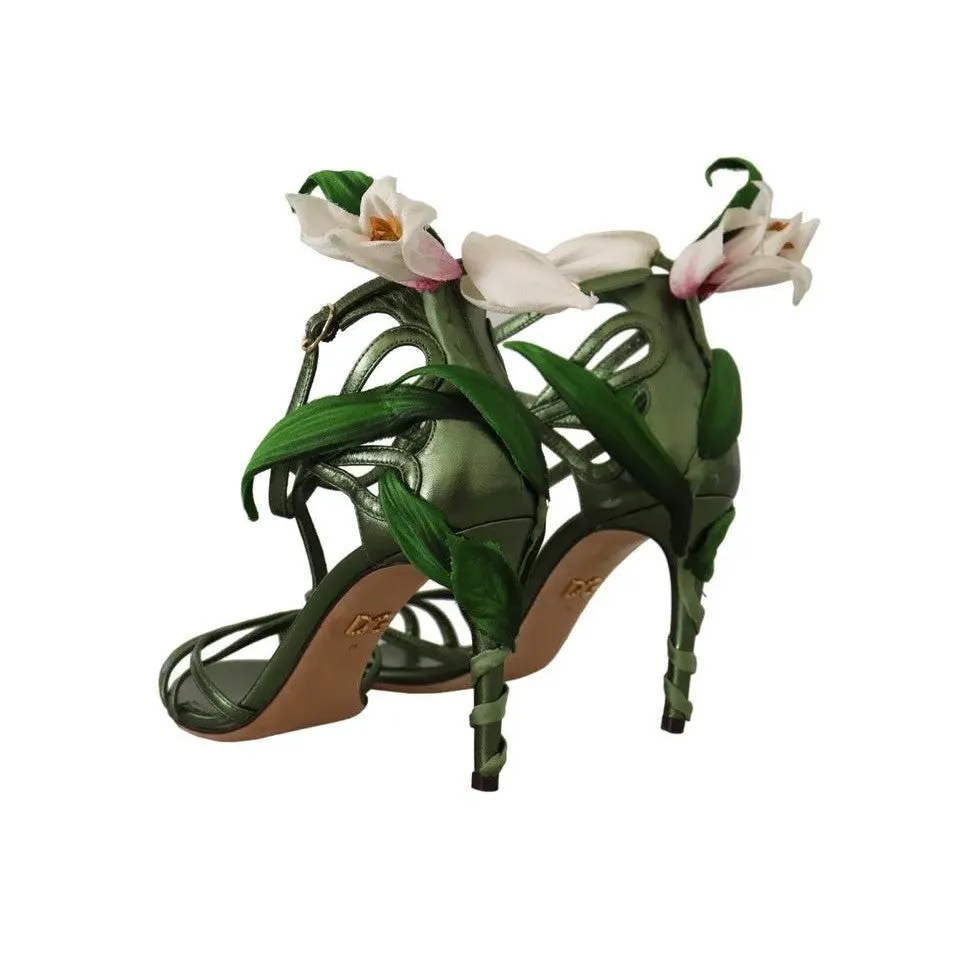 Dolce & Gabbana Acid Green Leather Strappy Flower Heels Sandals Shoes