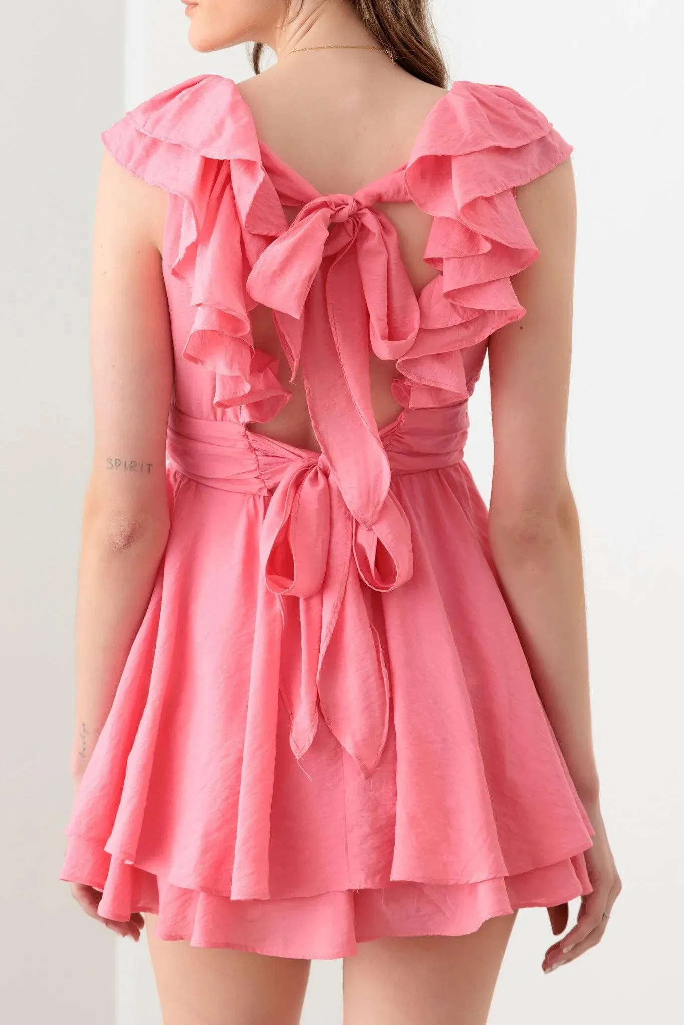 Doll Pink Ruffle Detail Front Button Romper Mini Dress