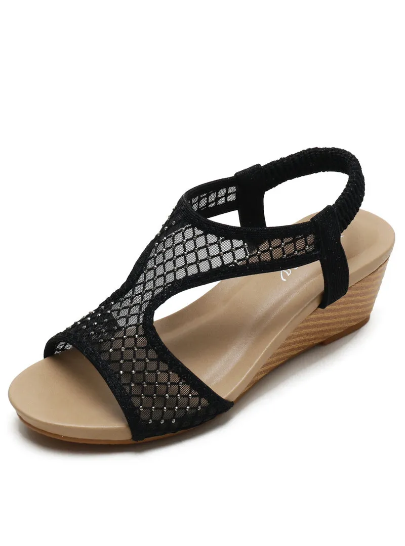 Elastic Band Fishmouth Breathable Mesh Wedge Sandals