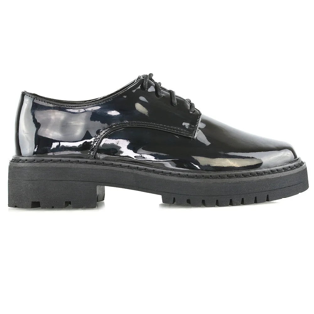 Emilia Lace up Flats Chunky Sole Low Platform Block Heel Brogues in Black Patent