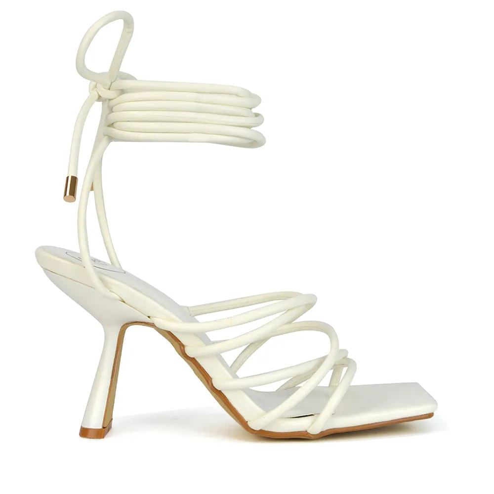 Everlee Strappy Lace Up Thin BlocK Square Toe Heel Sandals in White Synthetic Leather