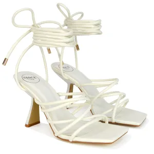 Everlee Strappy Lace Up Thin BlocK Square Toe Heel Sandals in White Synthetic Leather