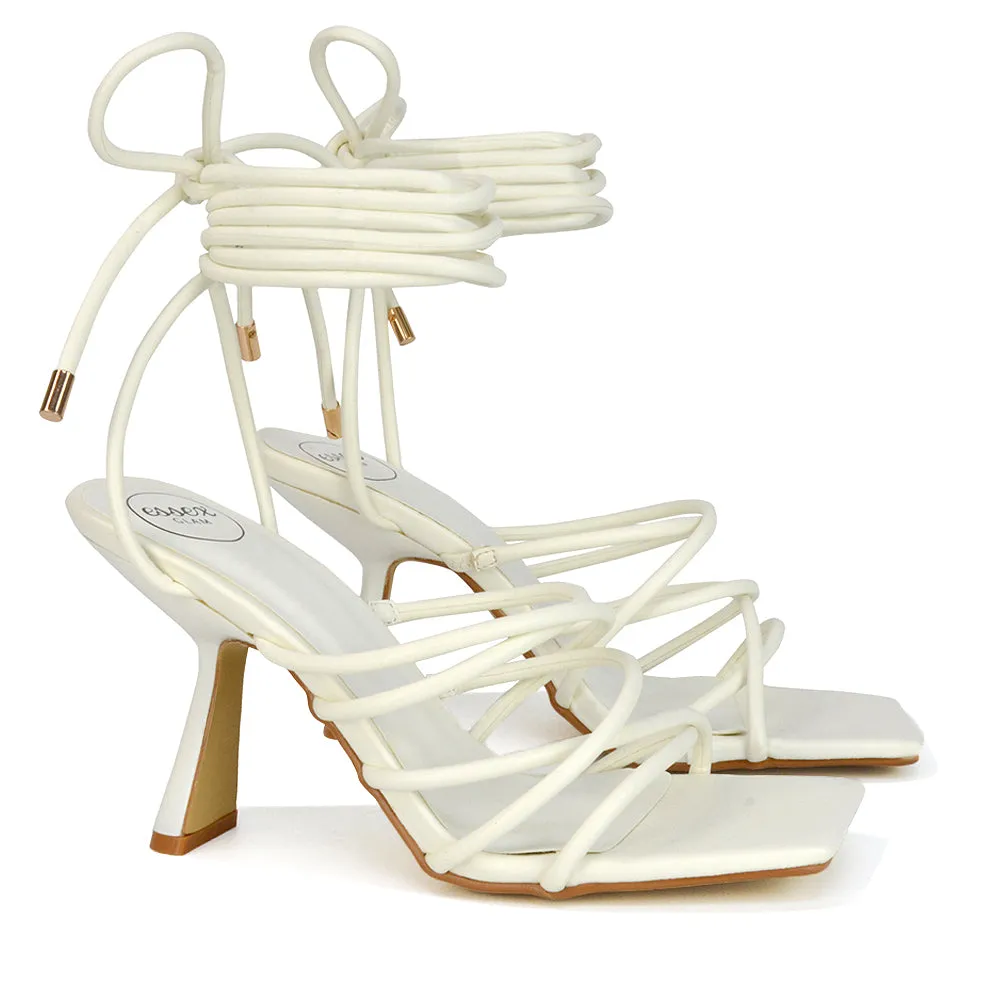 Everlee Strappy Lace Up Thin BlocK Square Toe Heel Sandals in White Synthetic Leather