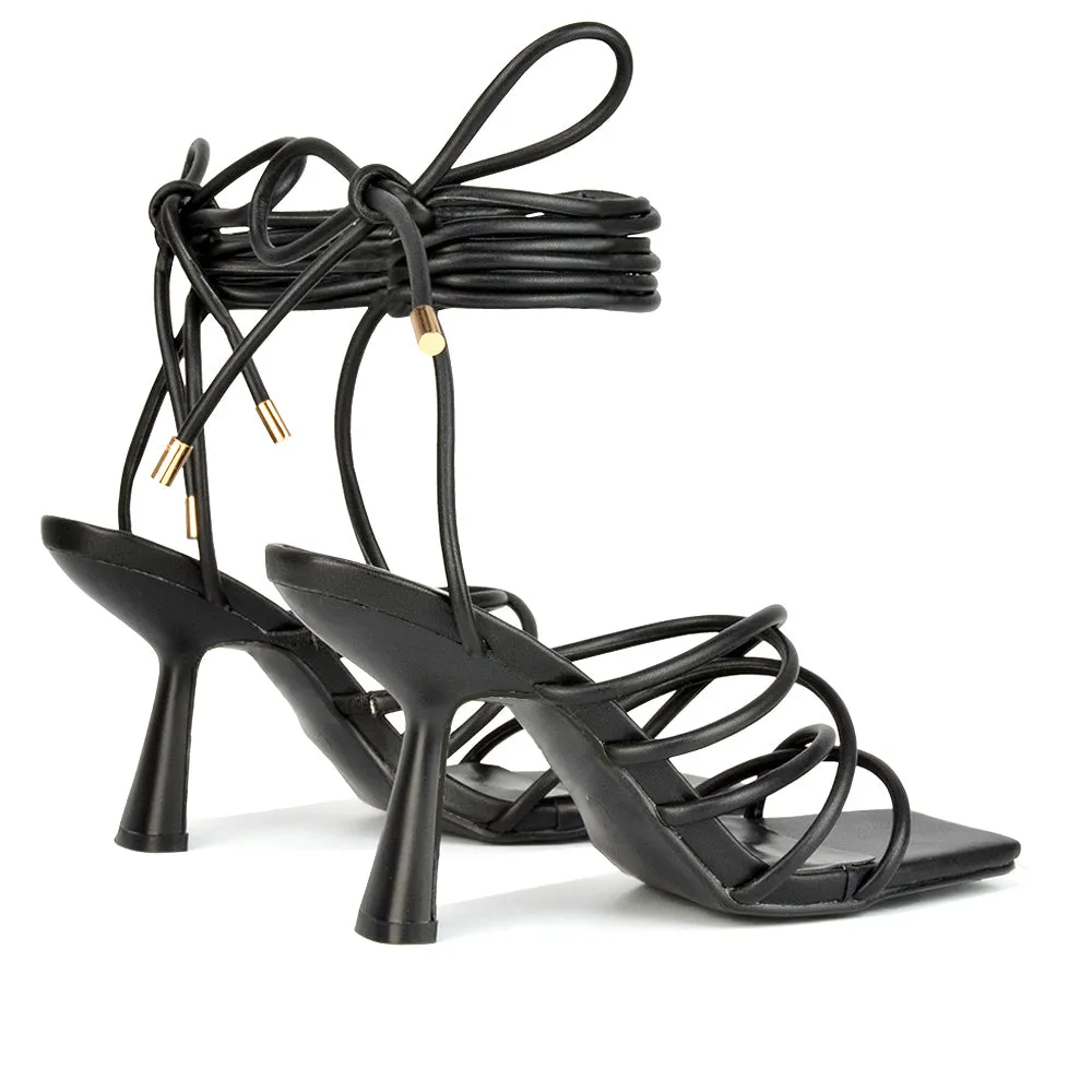 Everlee Strappy Lace Up Thin BlocK Square Toe Heel Sandals in White Synthetic Leather