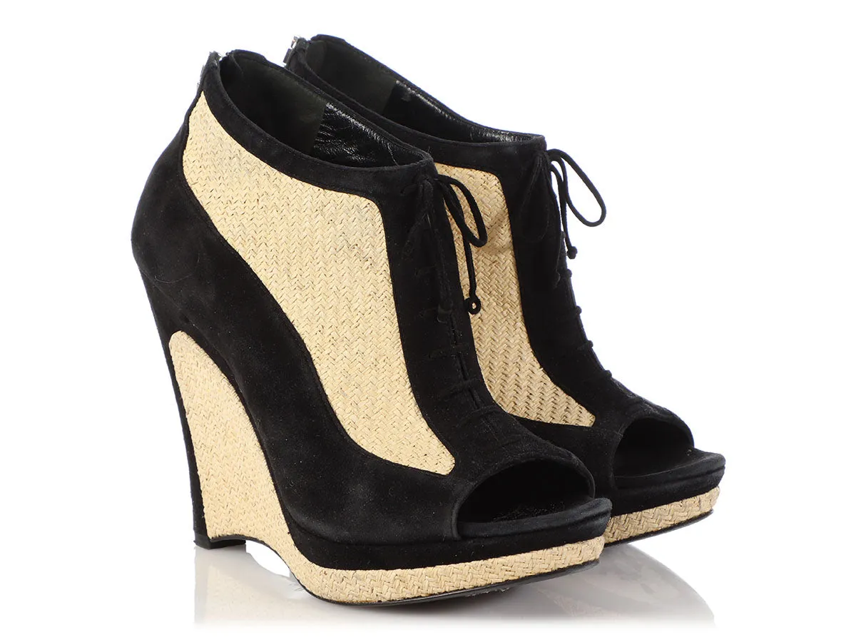 Fendi Black Suede and Straw Open-Toe Platform Wedges