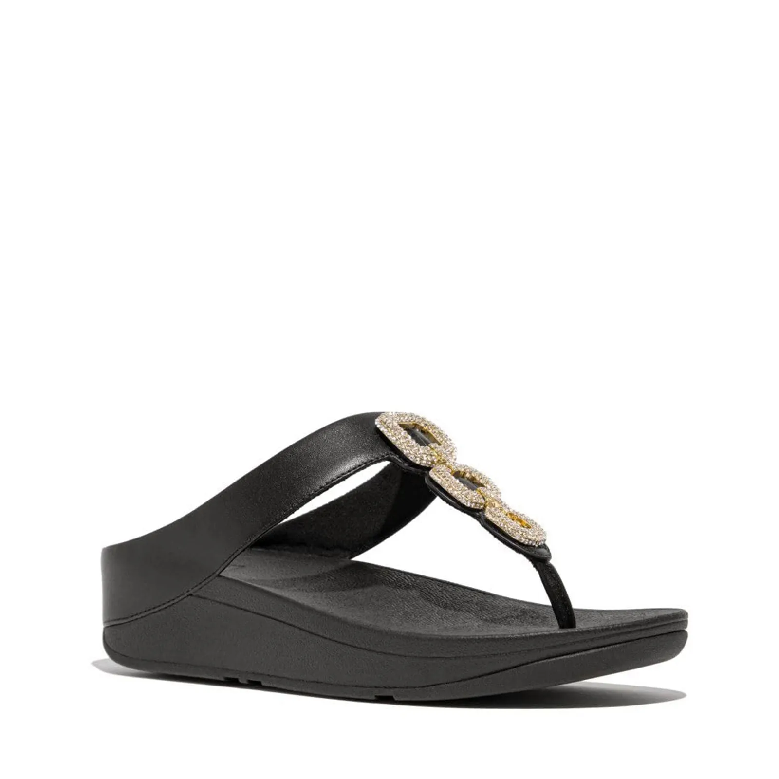 FitFlop Women's Fino Crystal-Chain Leather Toe-Post Sandals Wedge, Black