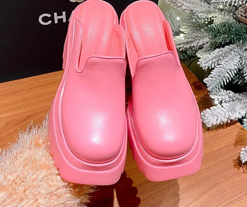 Genuine Leather Chunky High Heel Platform Slippers