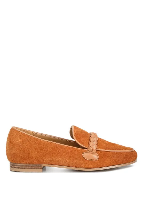 Genuine Suede Leather Braided Detail Loafers