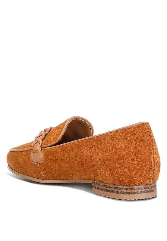 Genuine Suede Leather Braided Detail Loafers