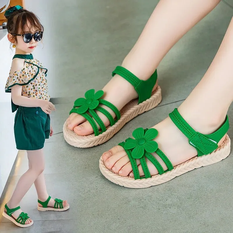 Girls' All-Season Printed Leather Gladiator Sandals - Breathable, Waterproof & Anti-Slip