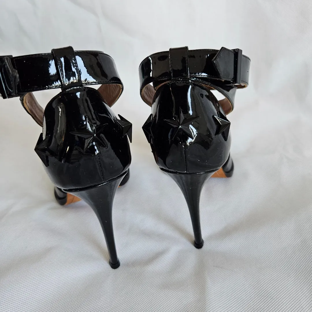 Givenchy black patent strappy heel with star applique on heel, 38.5