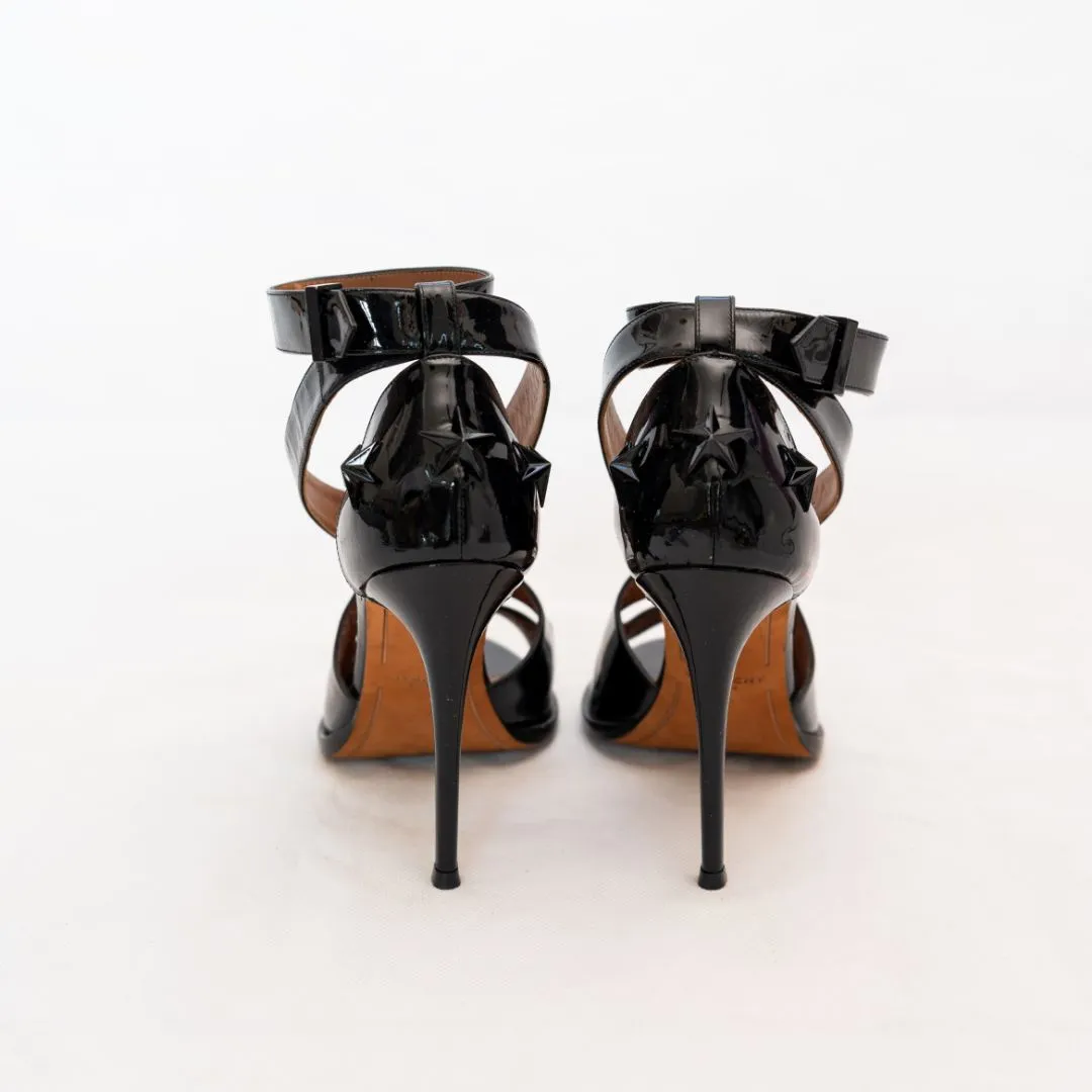 Givenchy black patent strappy heel with star applique on heel, 38.5