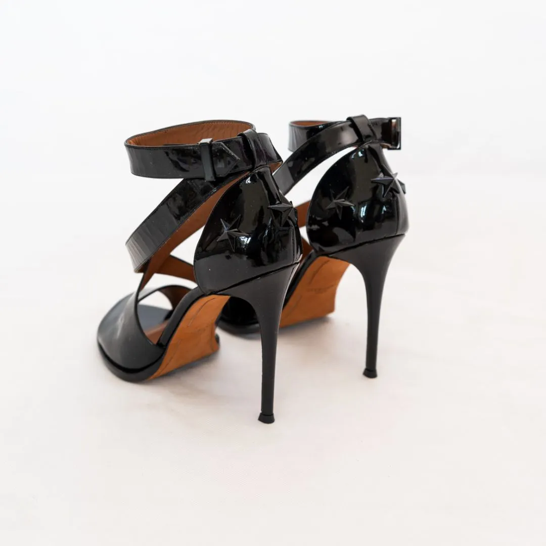 Givenchy black patent strappy heel with star applique on heel, 38.5