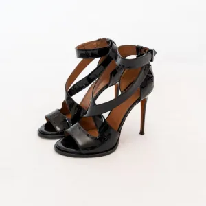 Givenchy black patent strappy heel with star applique on heel, 38.5