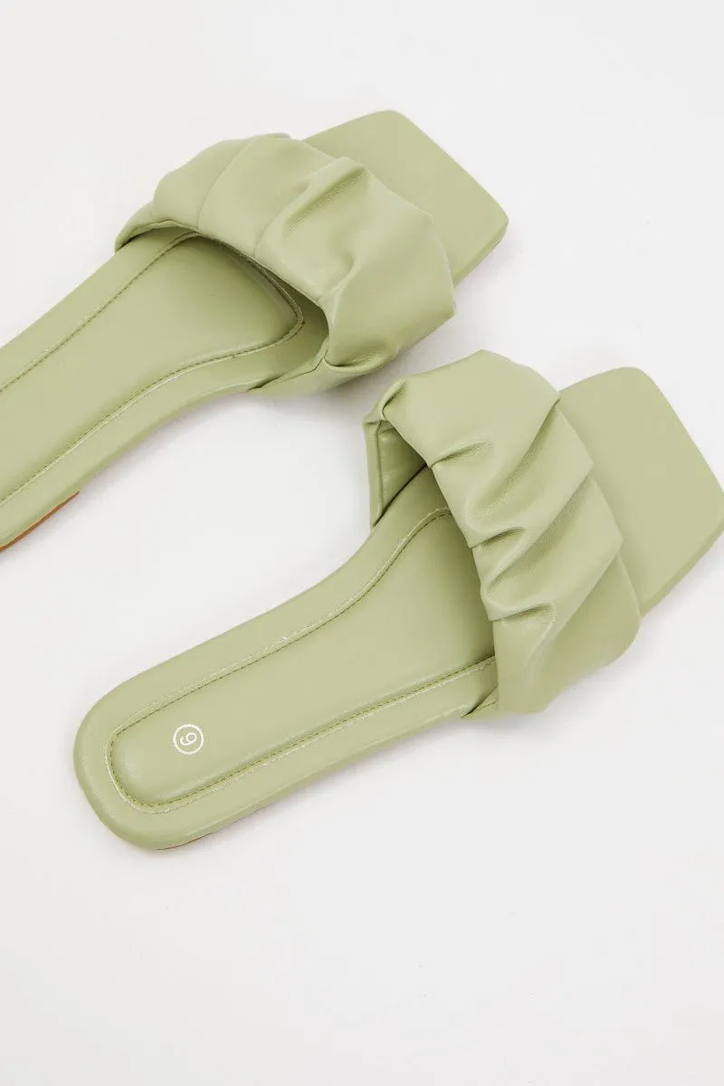 Green Faux Leather Ruched Flat Slides