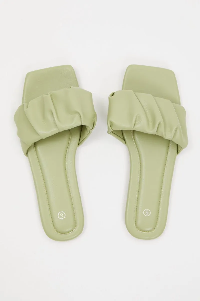 Green Faux Leather Ruched Flat Slides