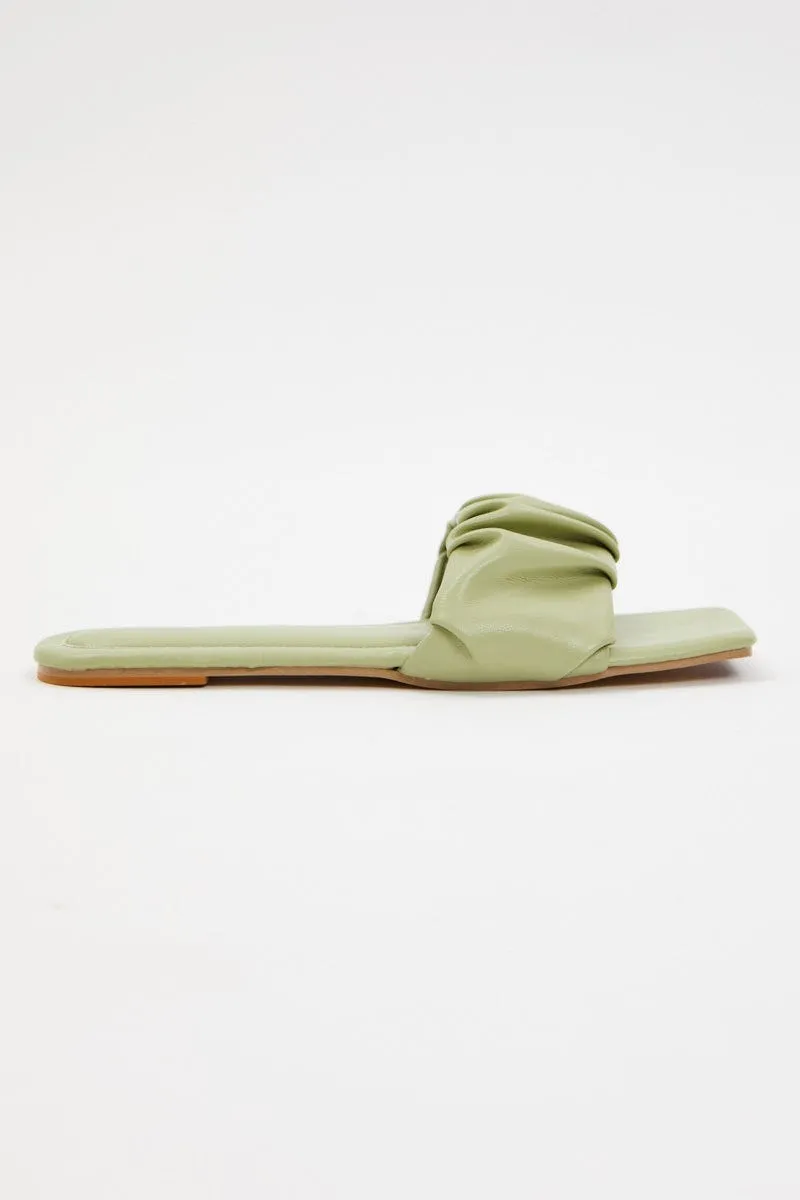 Green Faux Leather Ruched Flat Slides